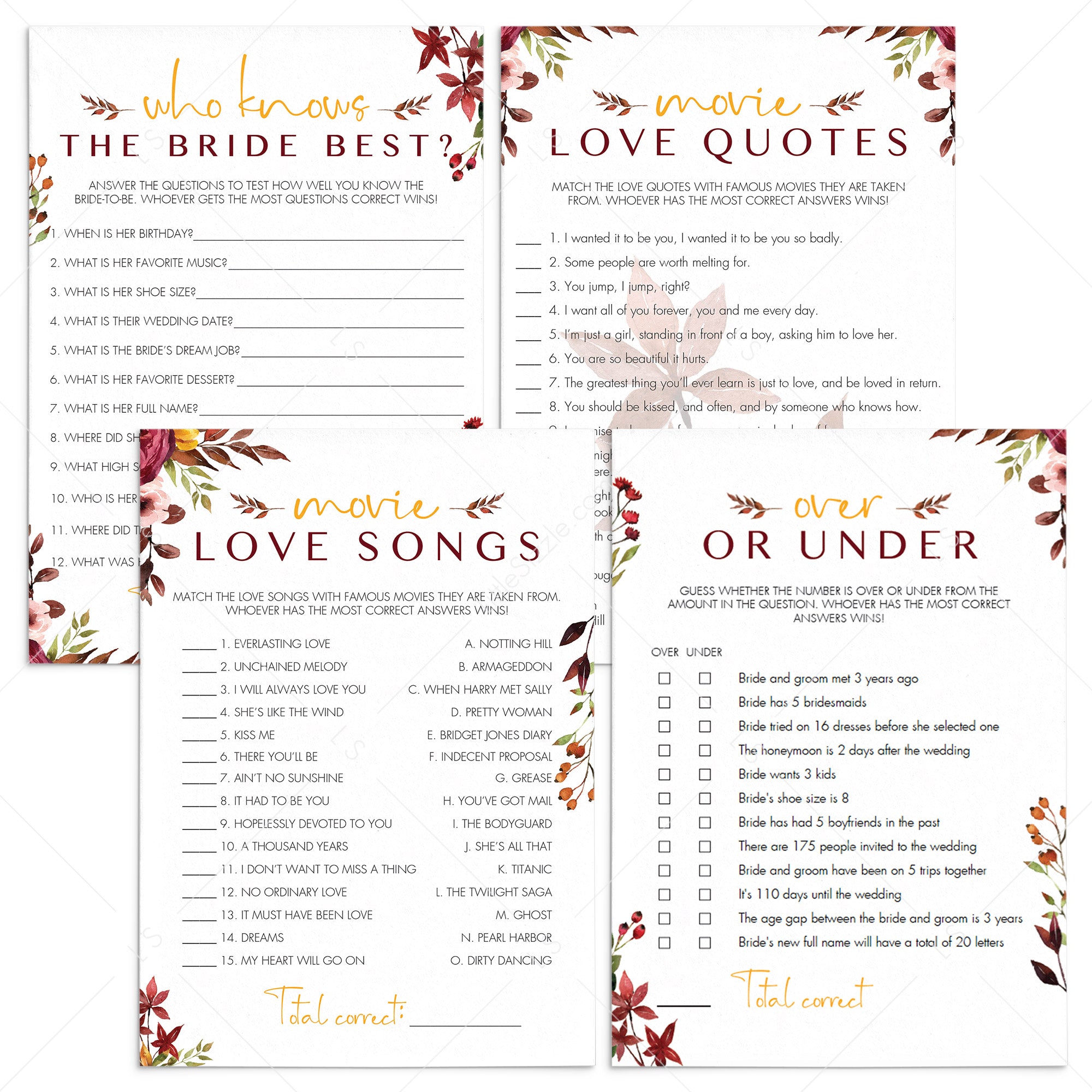 Fall In Love Bridal Shower Games Package Printable by LittleSizzle