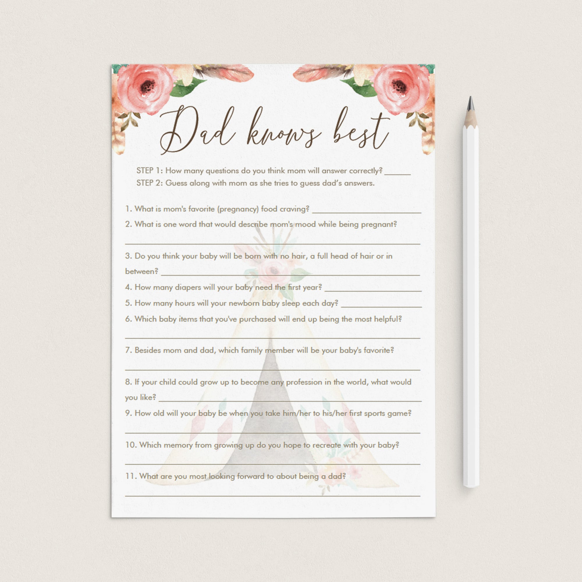 Boho Baby Shower Ice Breaker Game Daddy Knows Best by LittleSizzle