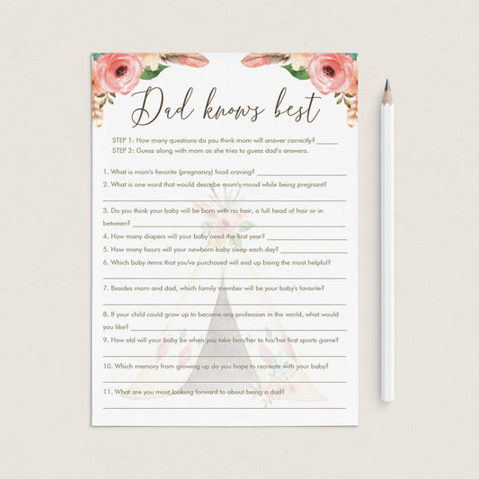 Boho Baby Shower Ice Breaker Game Daddy Knows Best by LittleSizzle