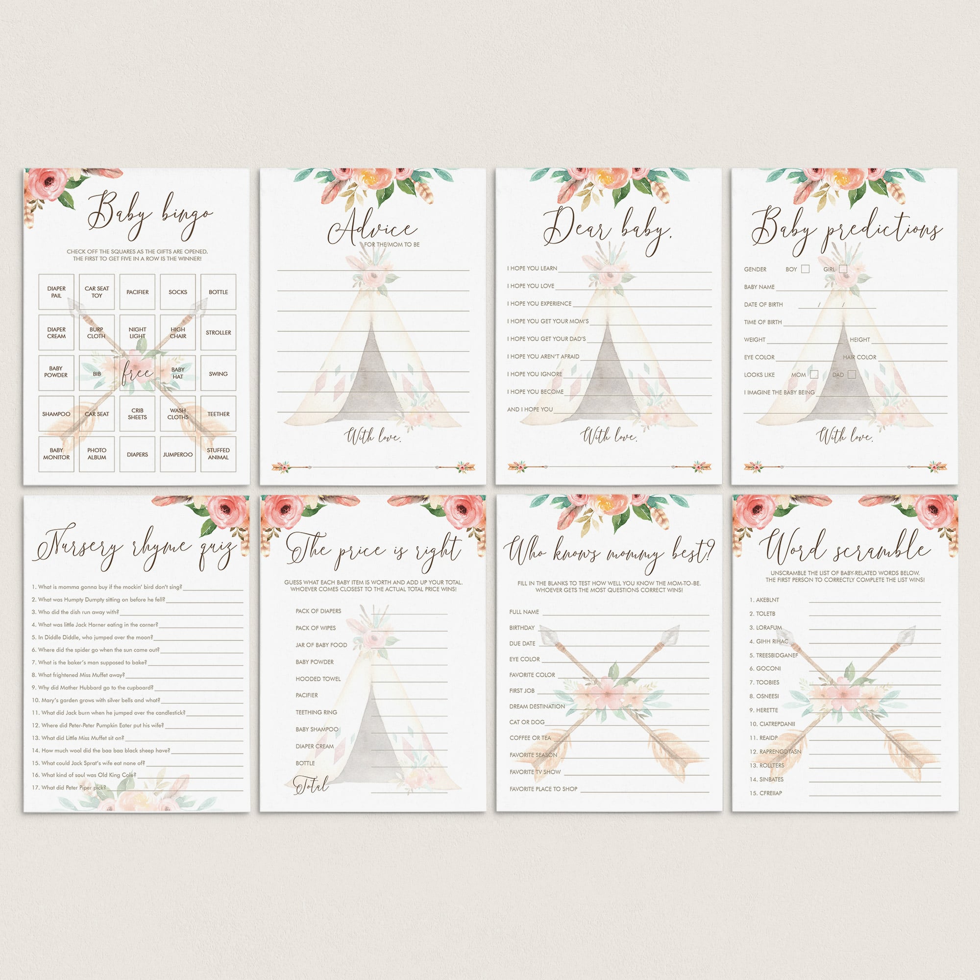 Pink Floral Baby Shower Games Aztec Theme by LittleSizzle