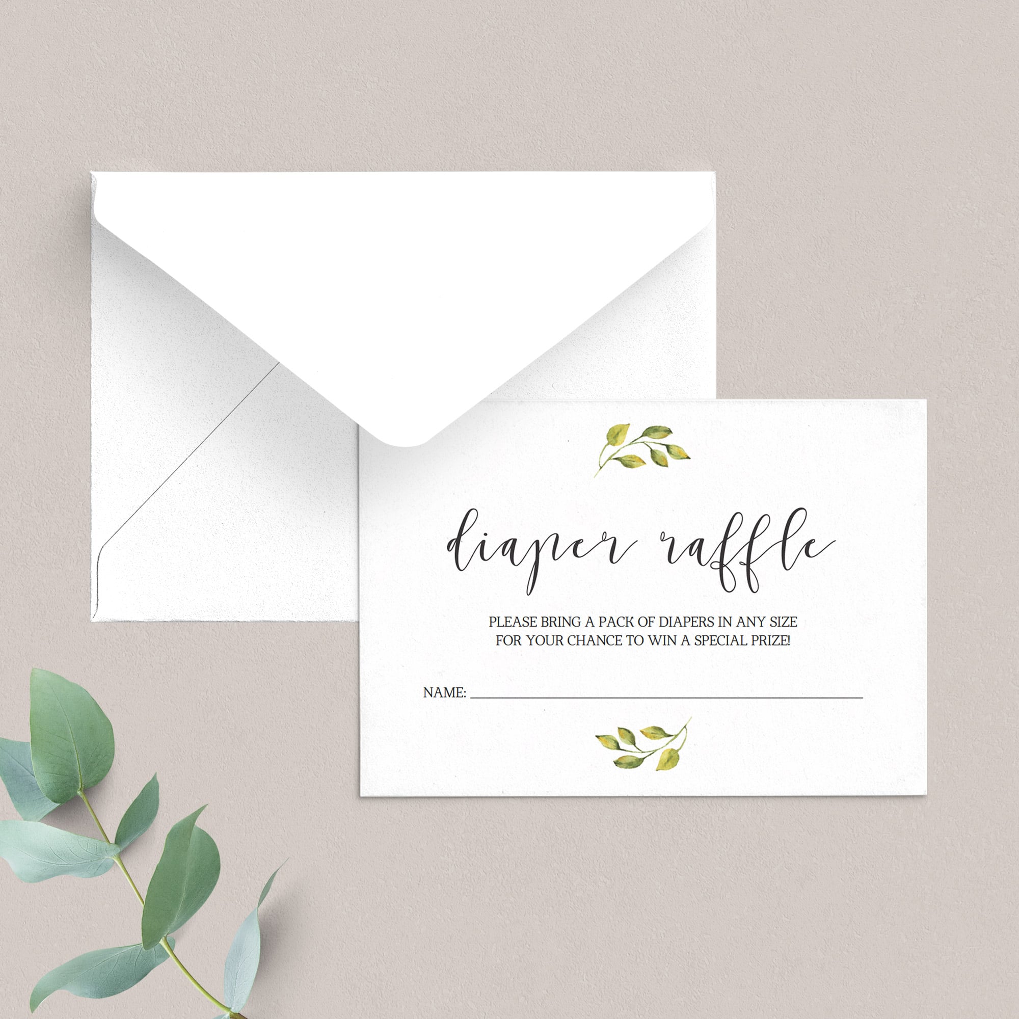 Watercolor green leaf baby shower diapers game by LittleSizzle