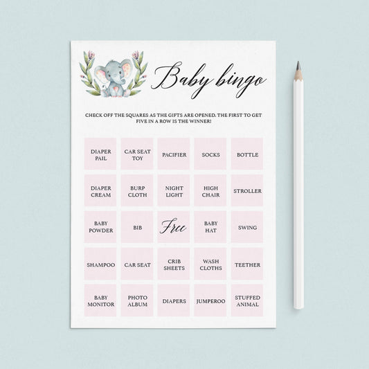 Pink elephant shower baby bingo cards by LittleSizzle