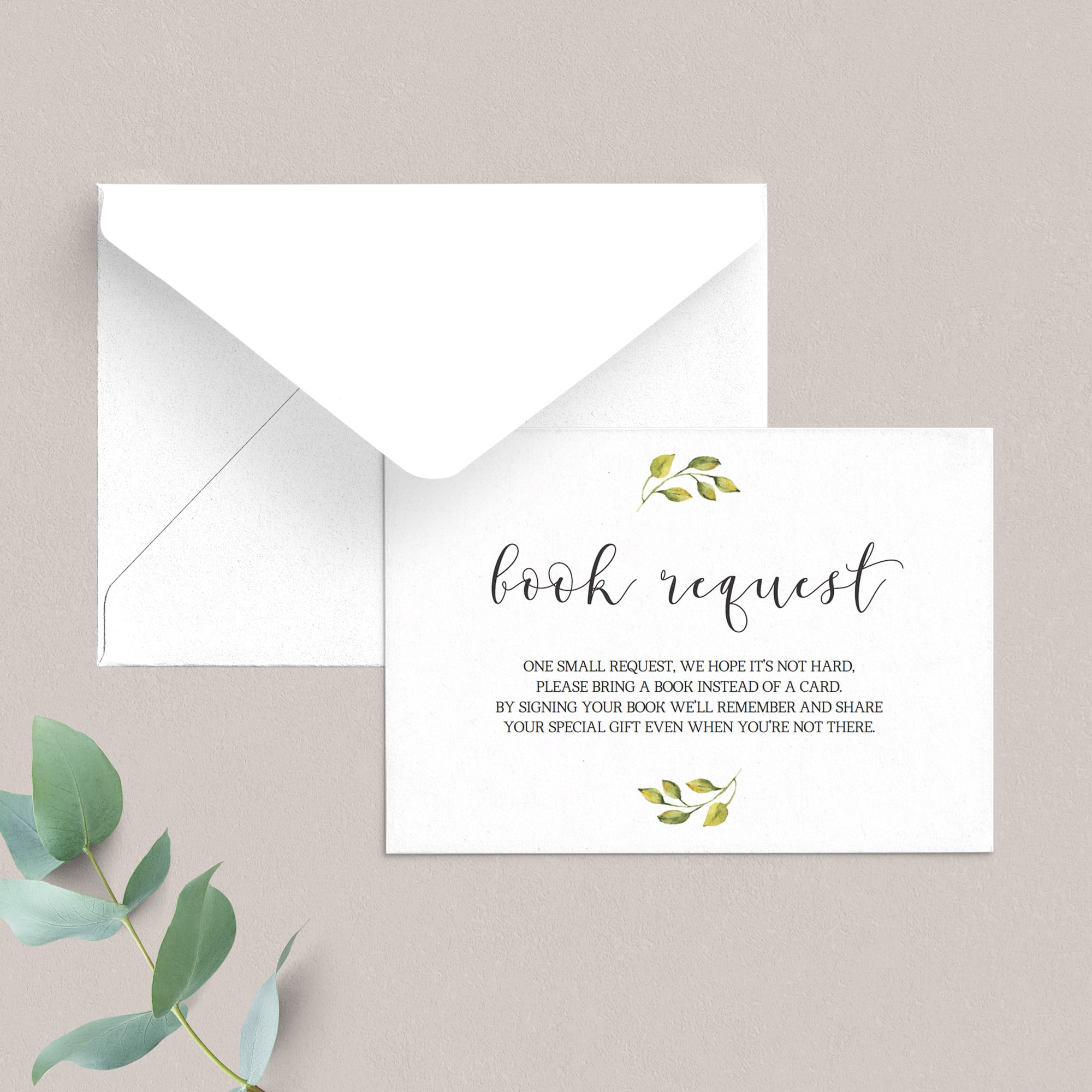 Editable baby library request card with watercolor leaf by LittleSizzle