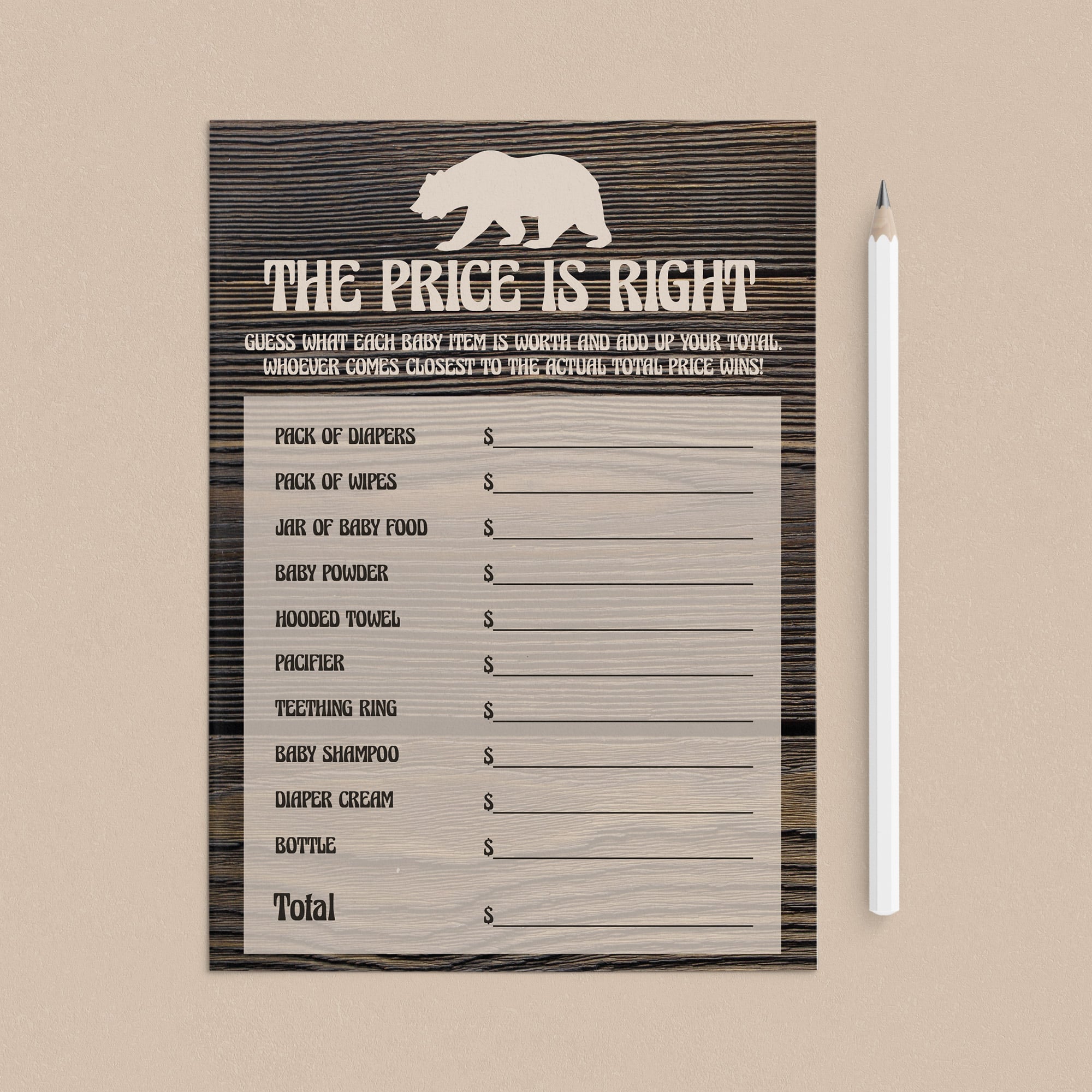 Baby price right game printable for woods shower by LittleSizzle