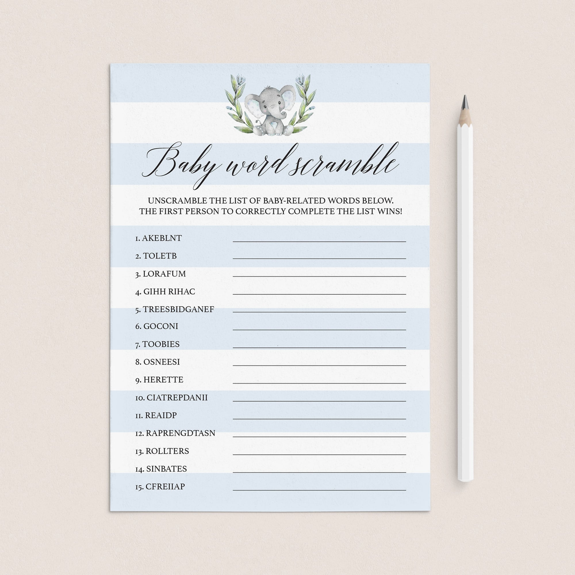 Baby Word Scramble game for elephant baby shower by LittleSizzle