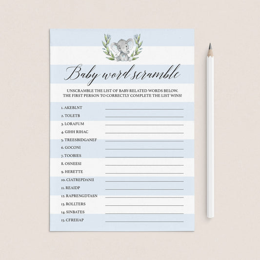 Baby Word Scramble game for elephant baby shower by LittleSizzle