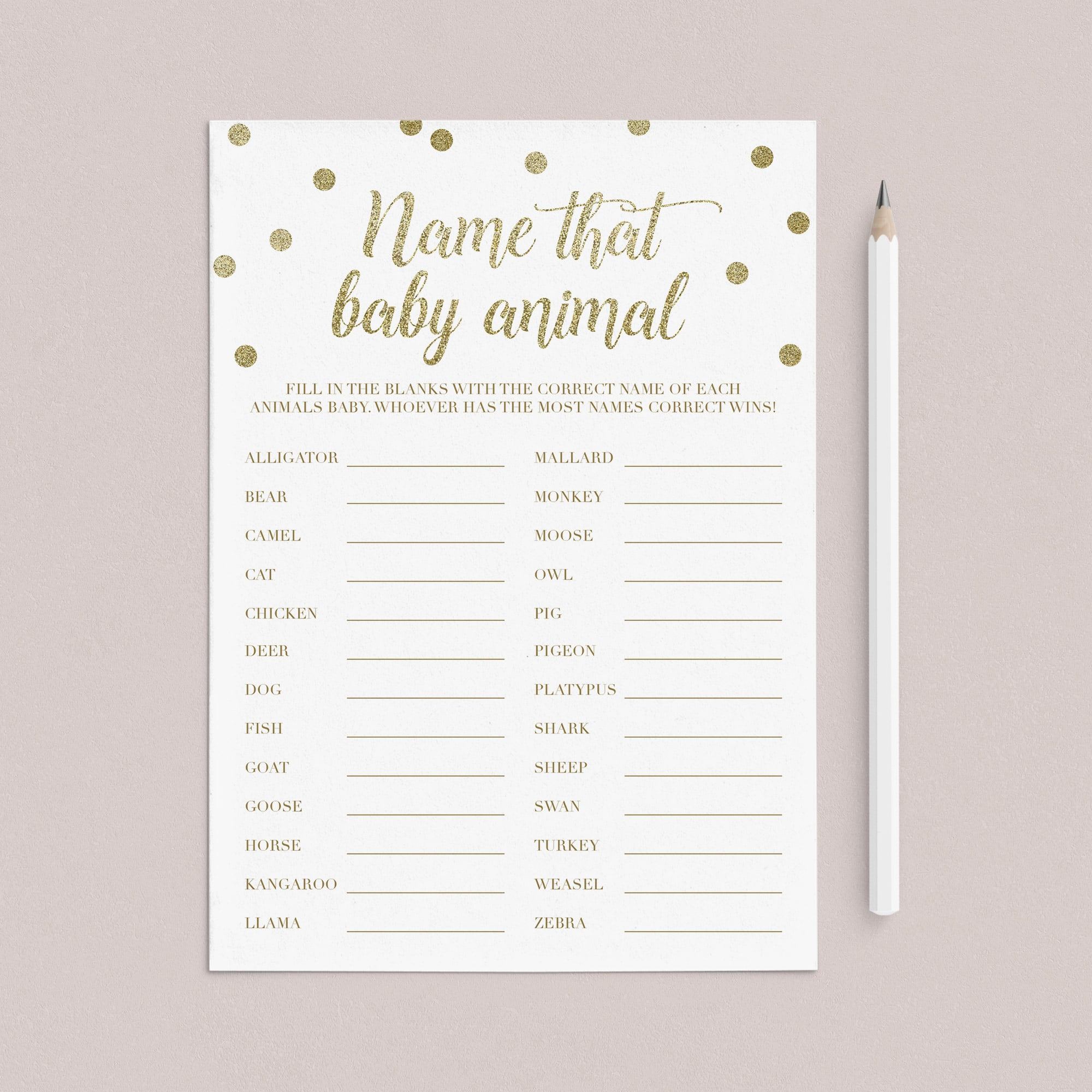 Guess the baby animal baby shower game gold printable by LittleSizzle