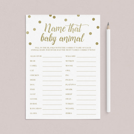 Guess the baby animal baby shower game gold printable by LittleSizzle