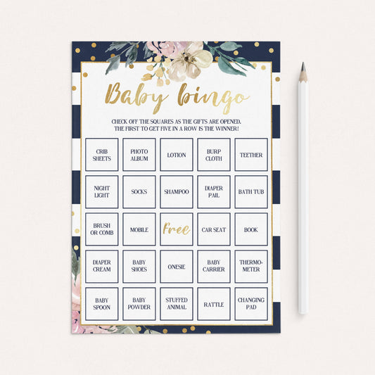 Baby bingo game cards for navy pink and gold baby shower by LittleSizzle