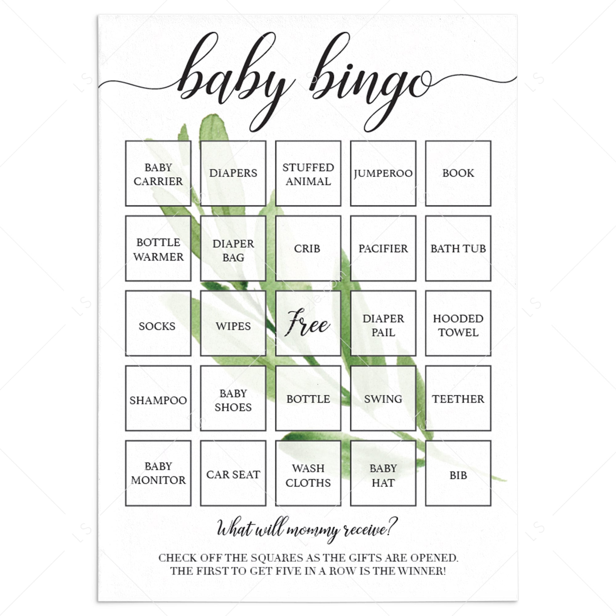 Greenery Printable Baby Bingo Cards by LittleSizzle