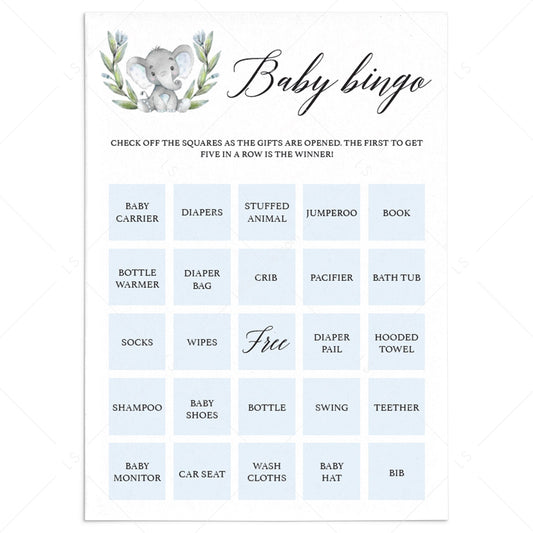 Blue Elephant Baby Bingo printable by LittleSizzle