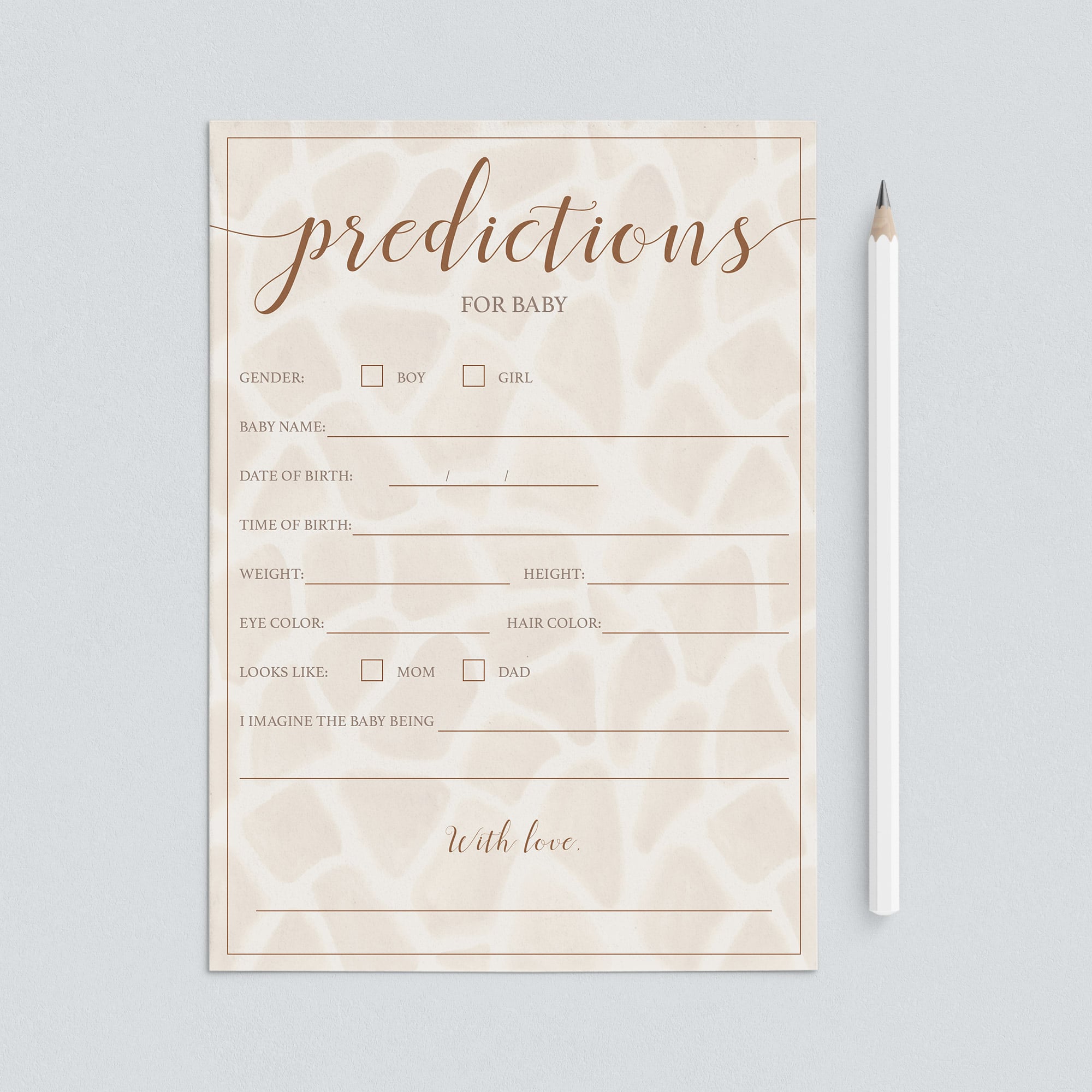 Predict baby's future cards with giraffe skin pattern printable by LittleSizzle