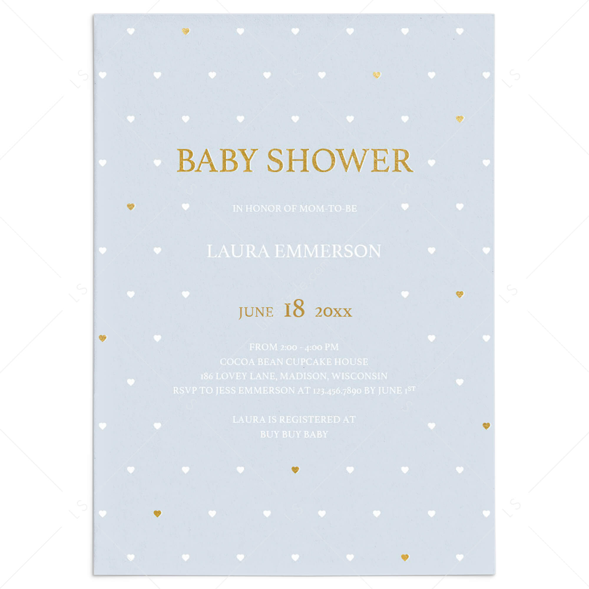 Baby Boy Shower Invitation Template with Gold Hearts by LittleSizzle