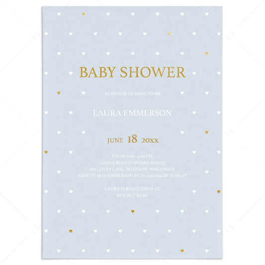 Baby Boy Shower Invitation Template with Gold Hearts by LittleSizzle