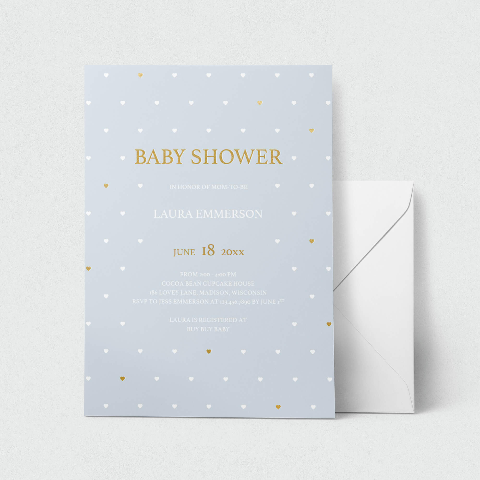 Baby Boy Shower Invitation Template with Gold Hearts by LittleSizzle