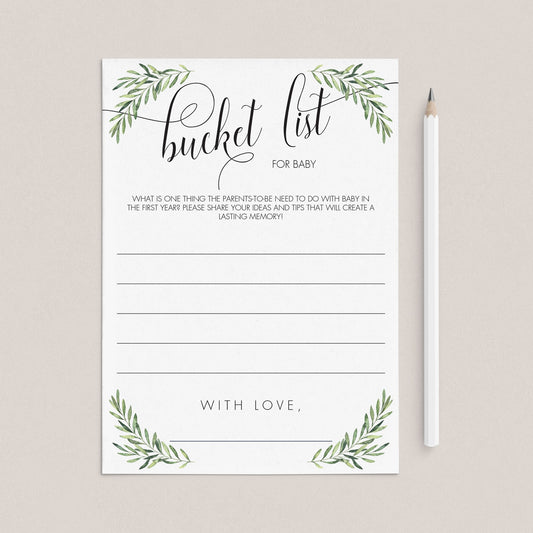 Greenery Bucket List for Baby Shower Game Printable by LittleSizzle
