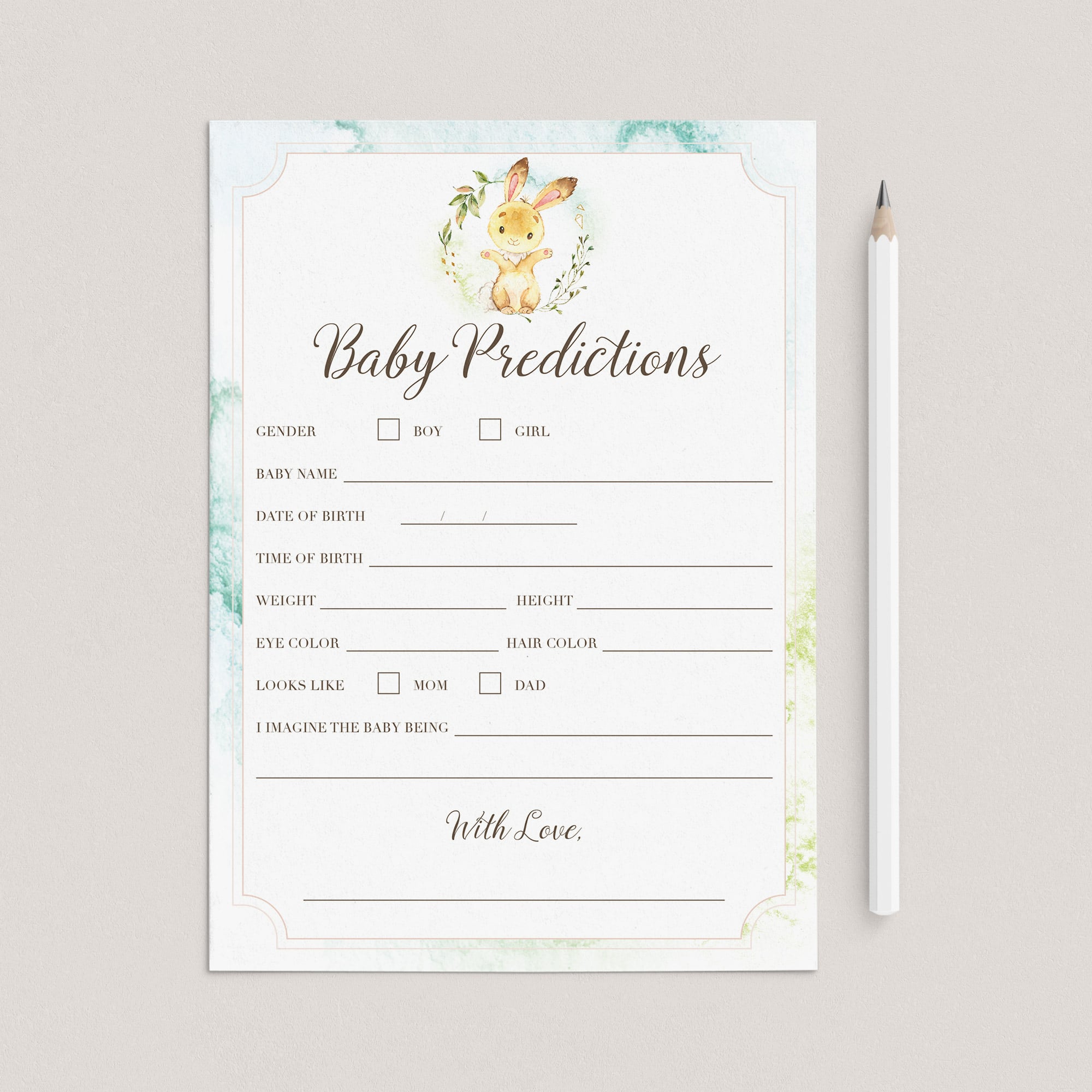 Forest animal baby shower prediction card printable by LittleSizzle