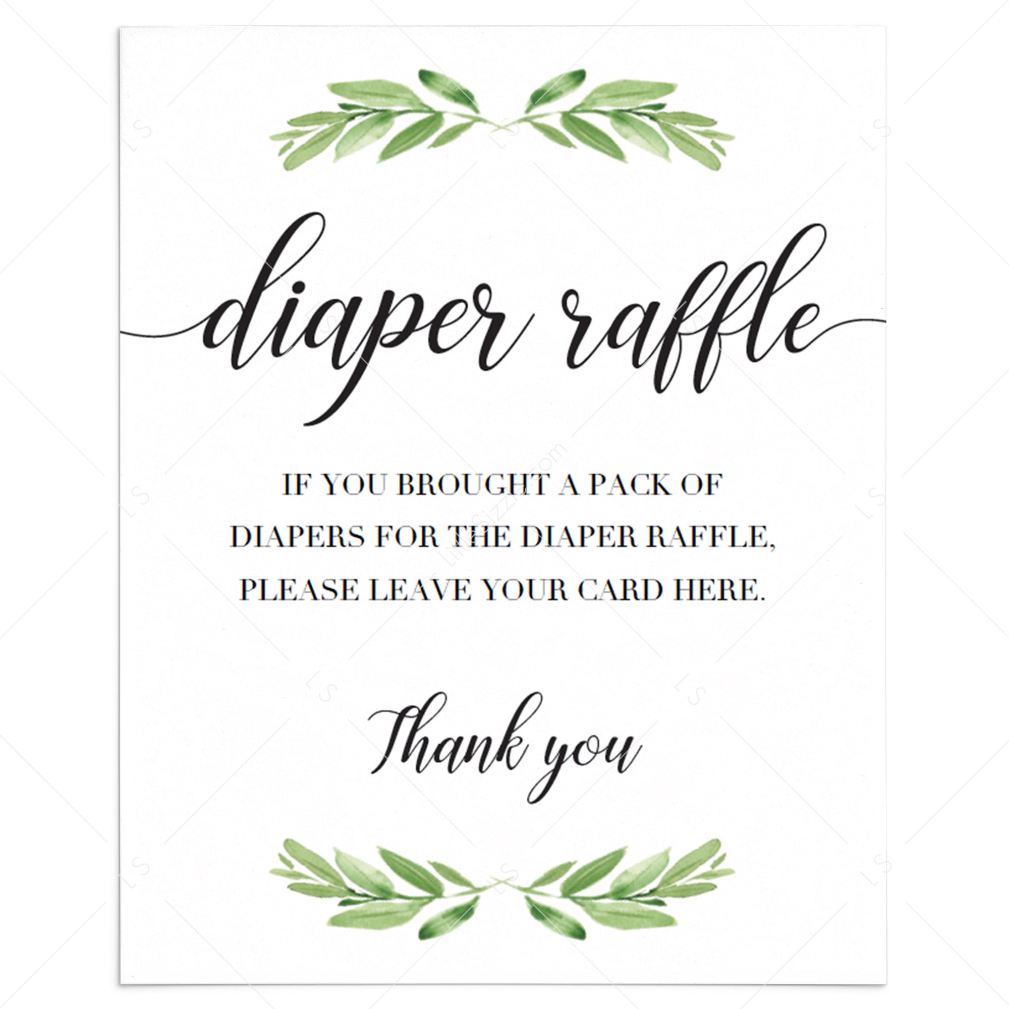 Printable greenery diaper raffle sign for gender neutral baby shower