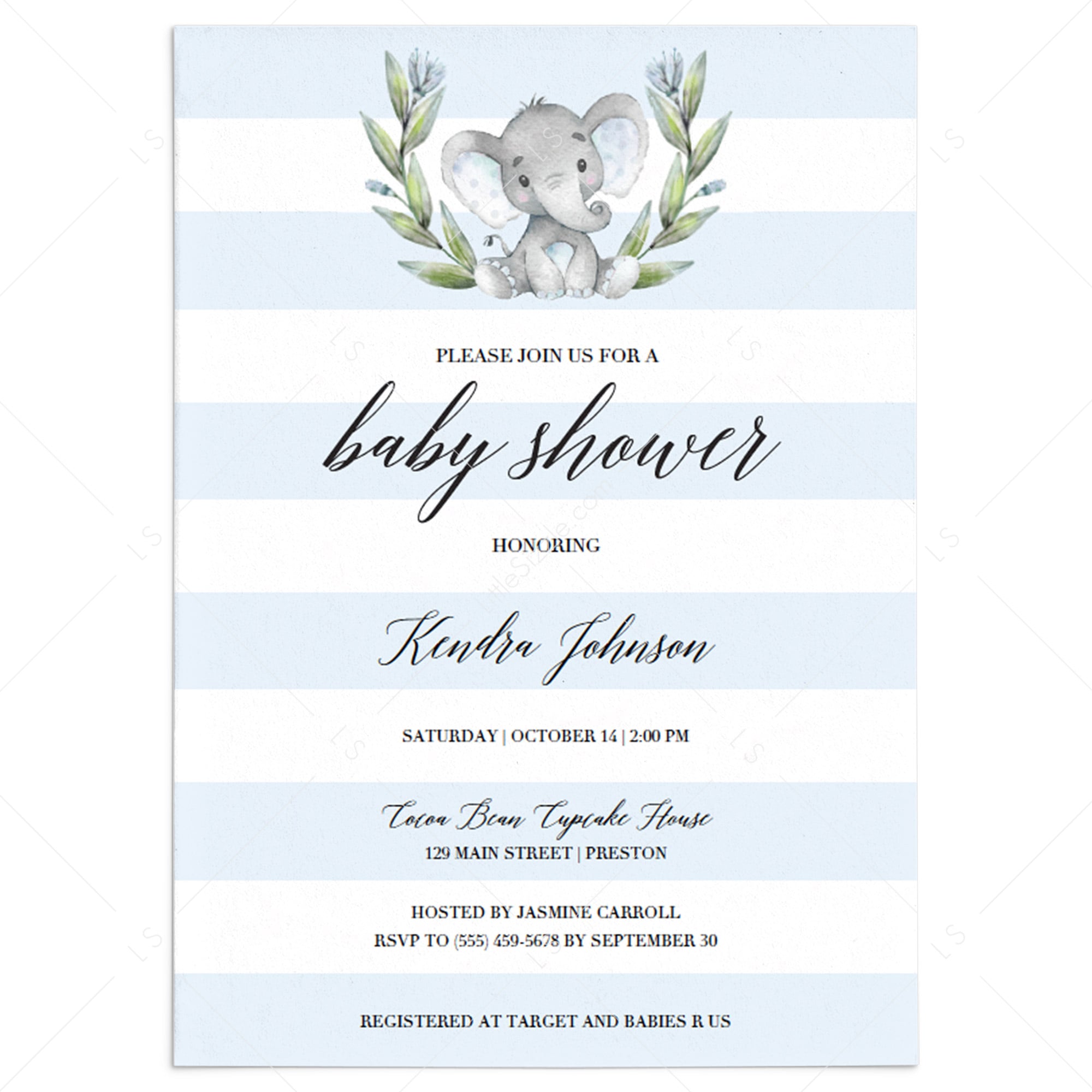 Blue Elephant baby shower invitation template download by LittleSizzle