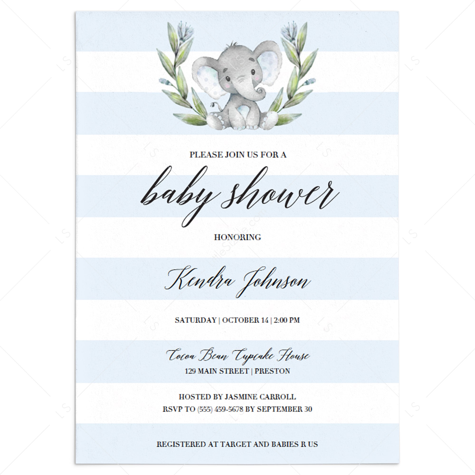Blue Elephant baby shower invitation template download by LittleSizzle
