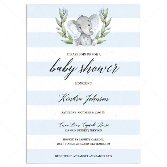 Blue Elephant baby shower invitation template download by LittleSizzle