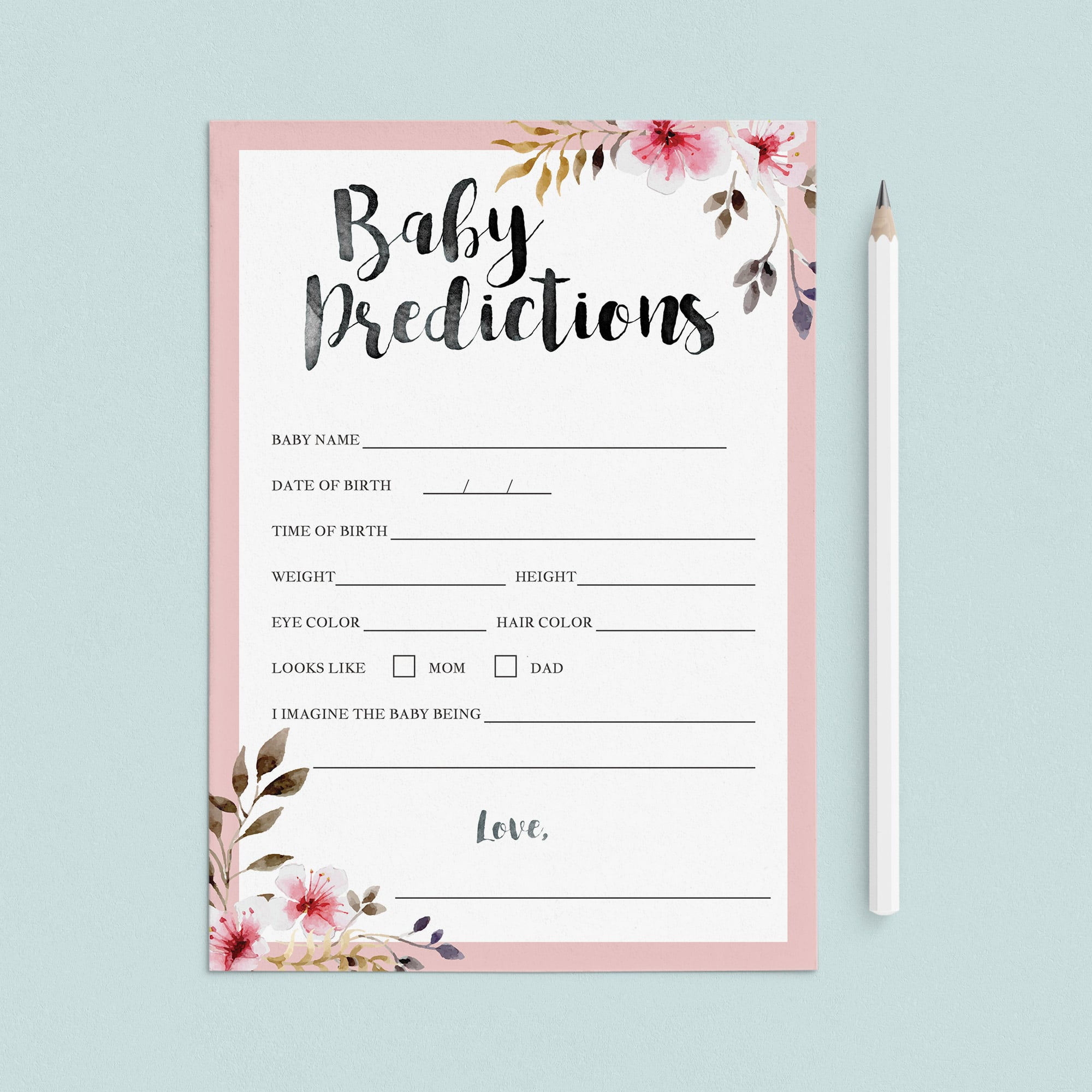Printable blush baby predictions card for girl baby shower by LittleSizzle