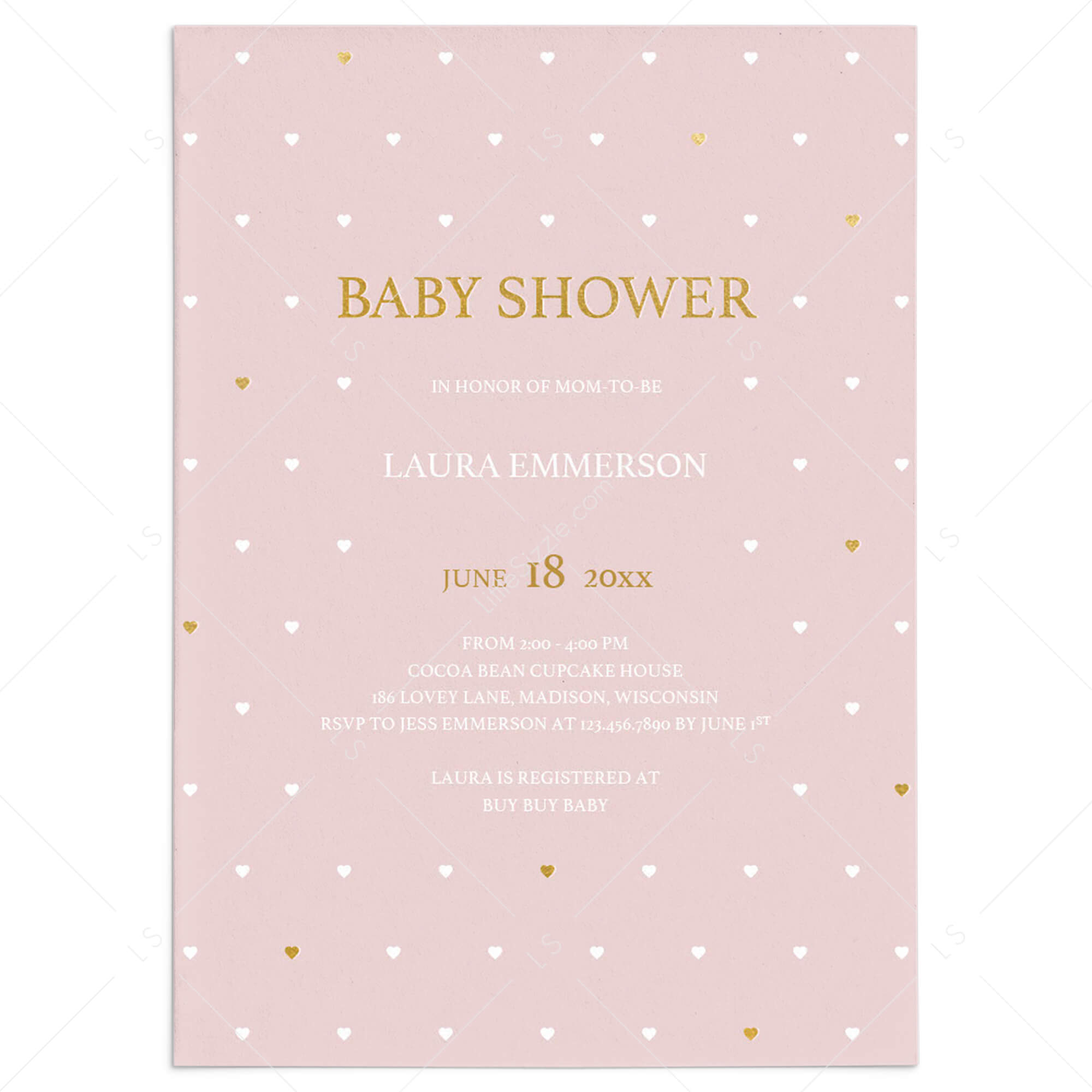 Baby Girl Shower Invite Template with Gold Hearts by LittleSizzle