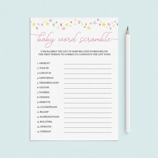 Printable Word Scramble for Girl Baby Shower