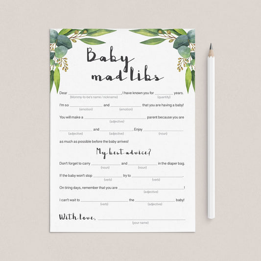 Green baby mad libs advice card for baby shower by LittleSizzle