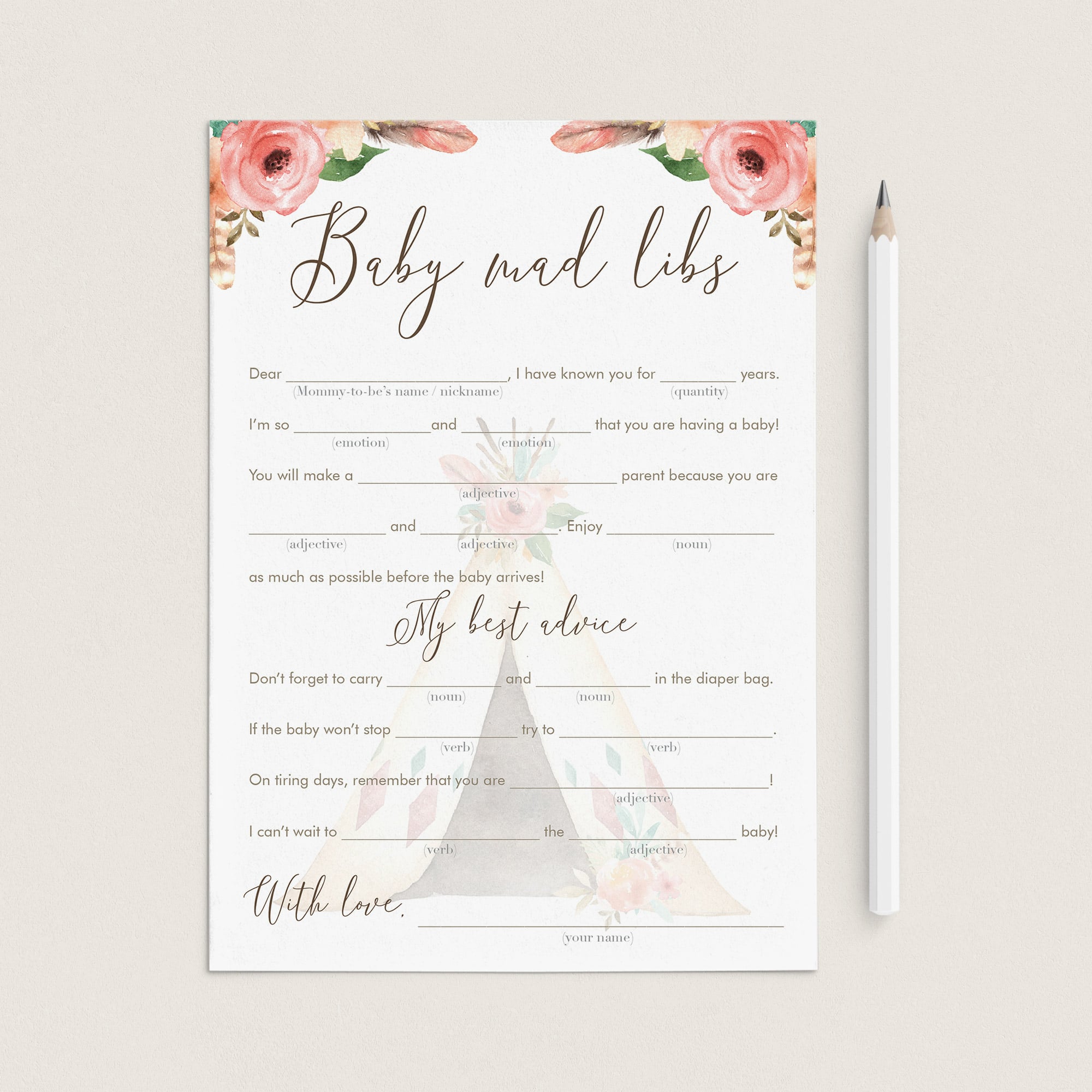 Baby Madlibs Game Floral Tribal Baby Shower by LittleSizzle