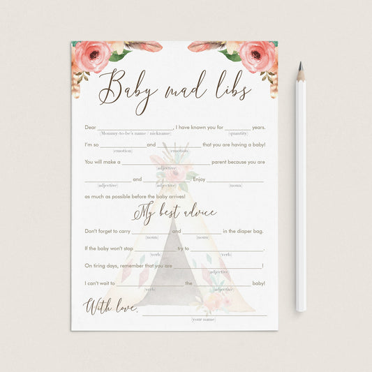 Baby Madlibs Game Floral Tribal Baby Shower by LittleSizzle