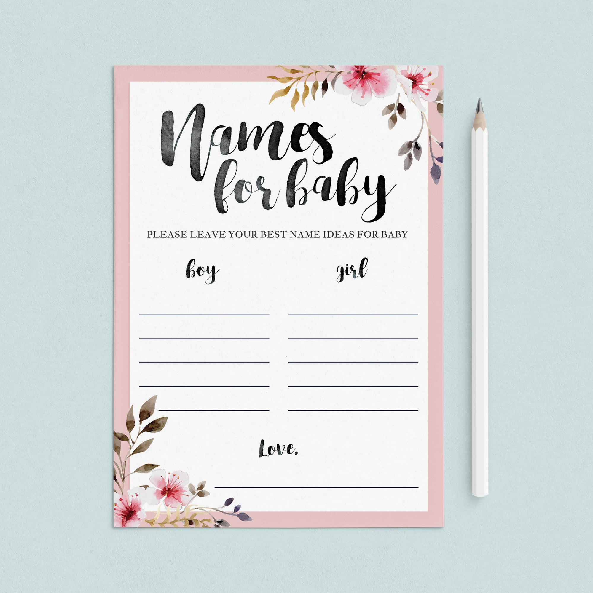 Pink baby shower name game printable download by LittleSizzle