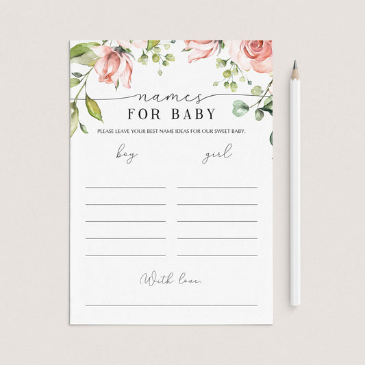 Names for Baby Printable Cards with Blush Flowers