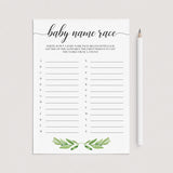 Baby Name race game for greenery baby shower party by LittleSizzle