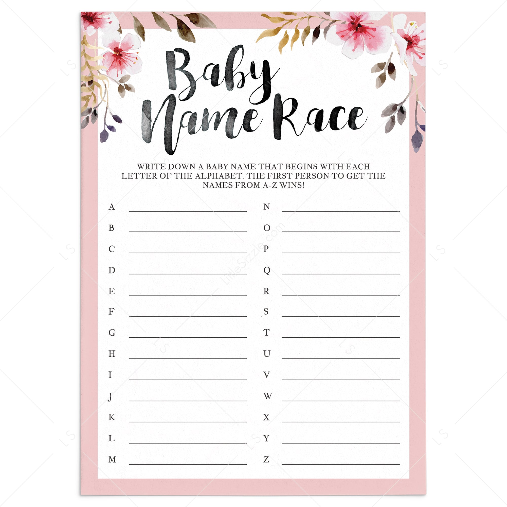 Girl baby shower name game printable by LittleSizzle