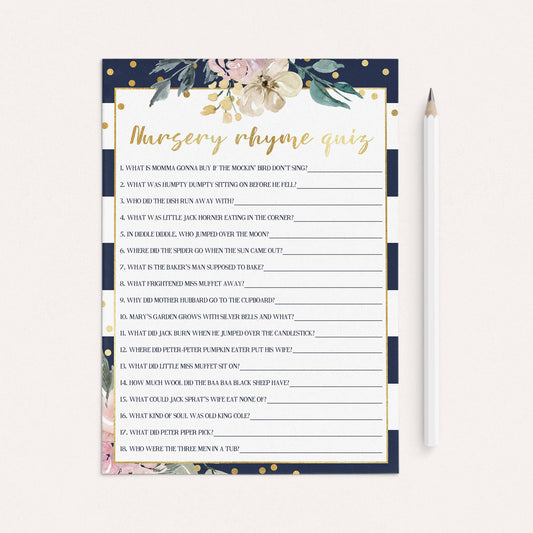 Pink and Navy Baby Shower Nursery Rhyme Game