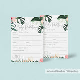 Tropical Theme Baby Shower Baby Prediction Cards