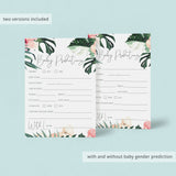 Tropical Theme Baby Shower Baby Prediction Cards