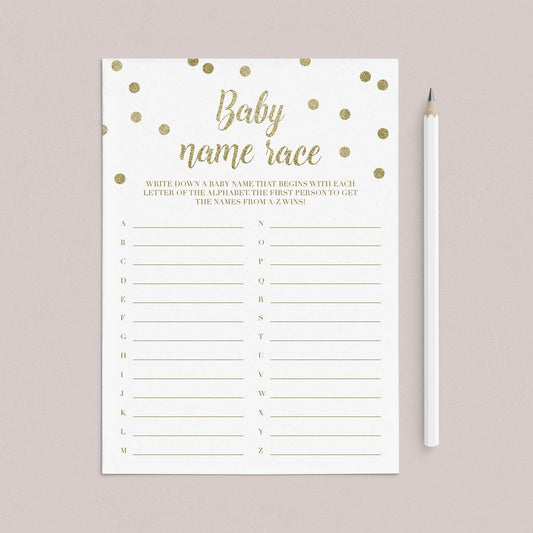 Gold baby shower games a to z baby names printable by LittleSizzle