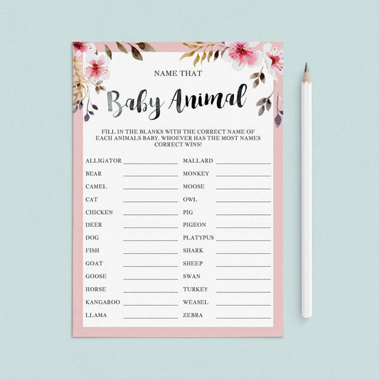 Blush floral baby shower game name that animal by LittleSizzle