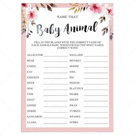 Blush floral baby shower game name that animal by LittleSizzle