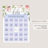 Blush Floral Baby Bingo Cards Prefilled, Blank and Game Template