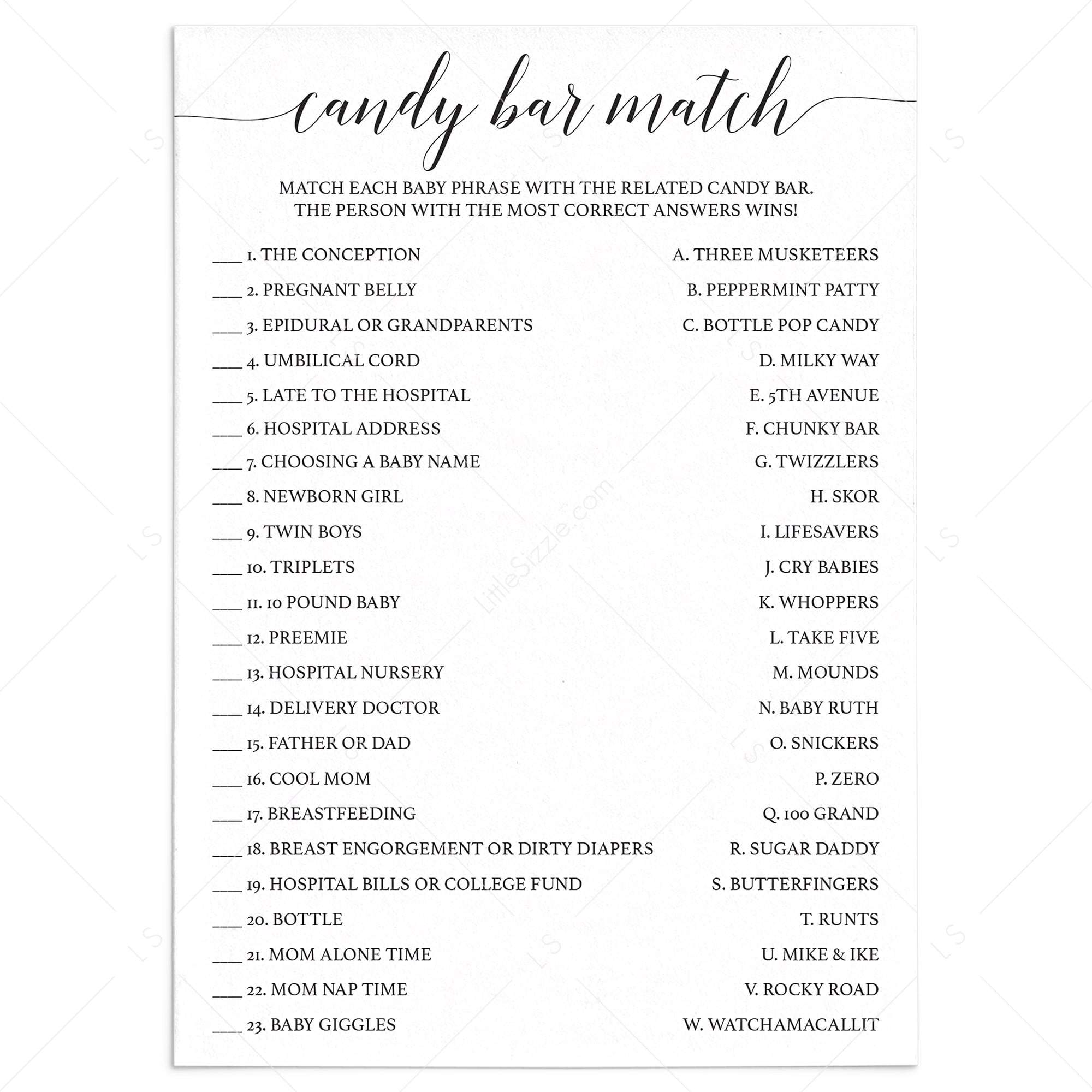 Printable Candy Bar Match baby shower game