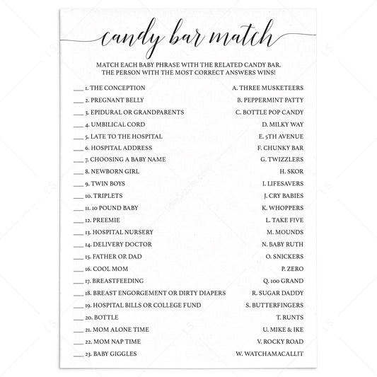 Candy bar match up baby shower game by LittleSizzle