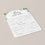 Baby Shower MadLibs Advice Card Printable Green Leaves