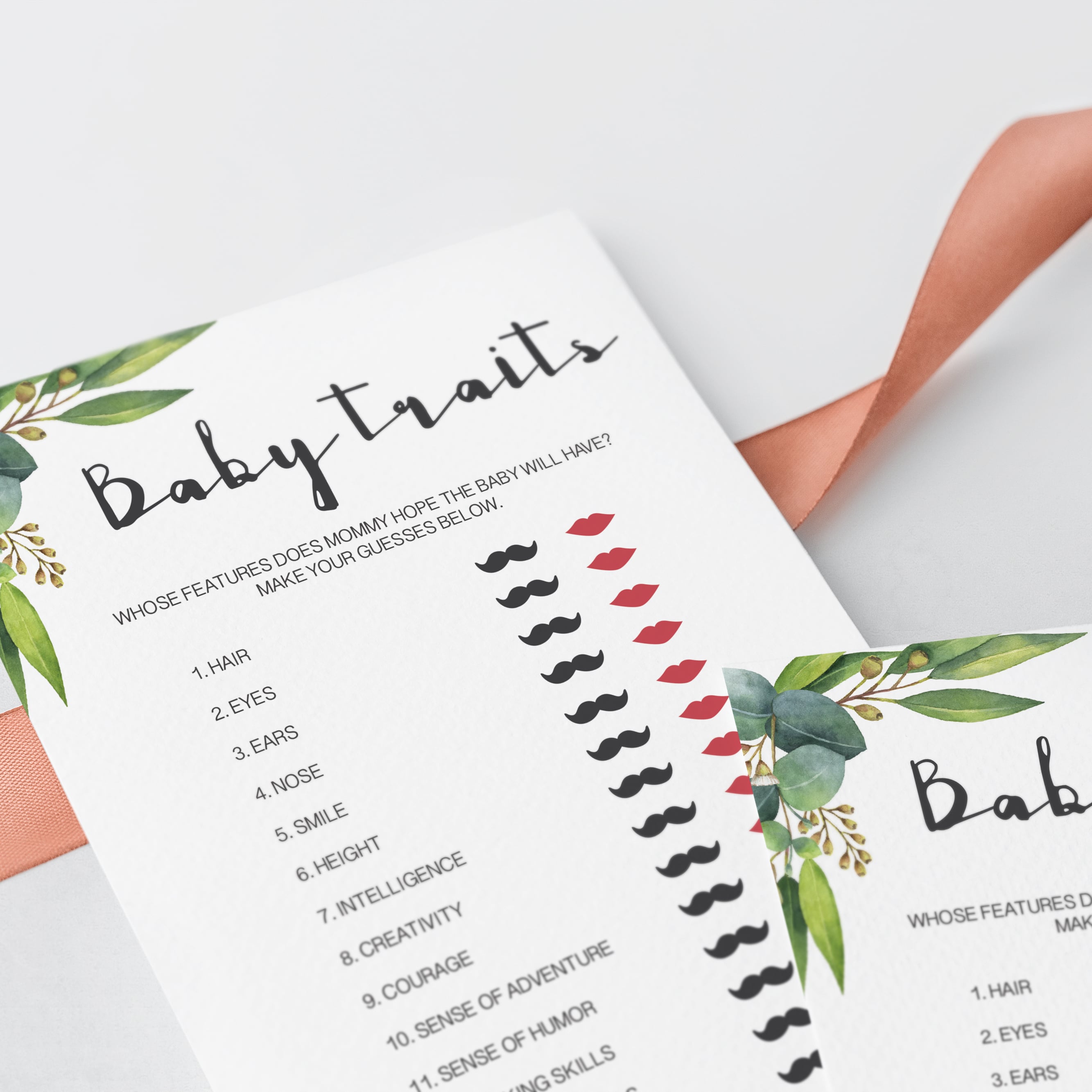 Watercolor eucalyptus leaf on baby shower game by LittleSizzle