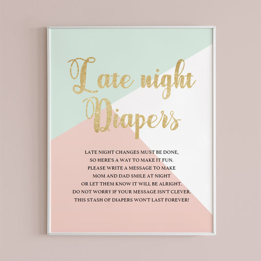 Printable late night diapers sign for girl shower by LittleSizzle