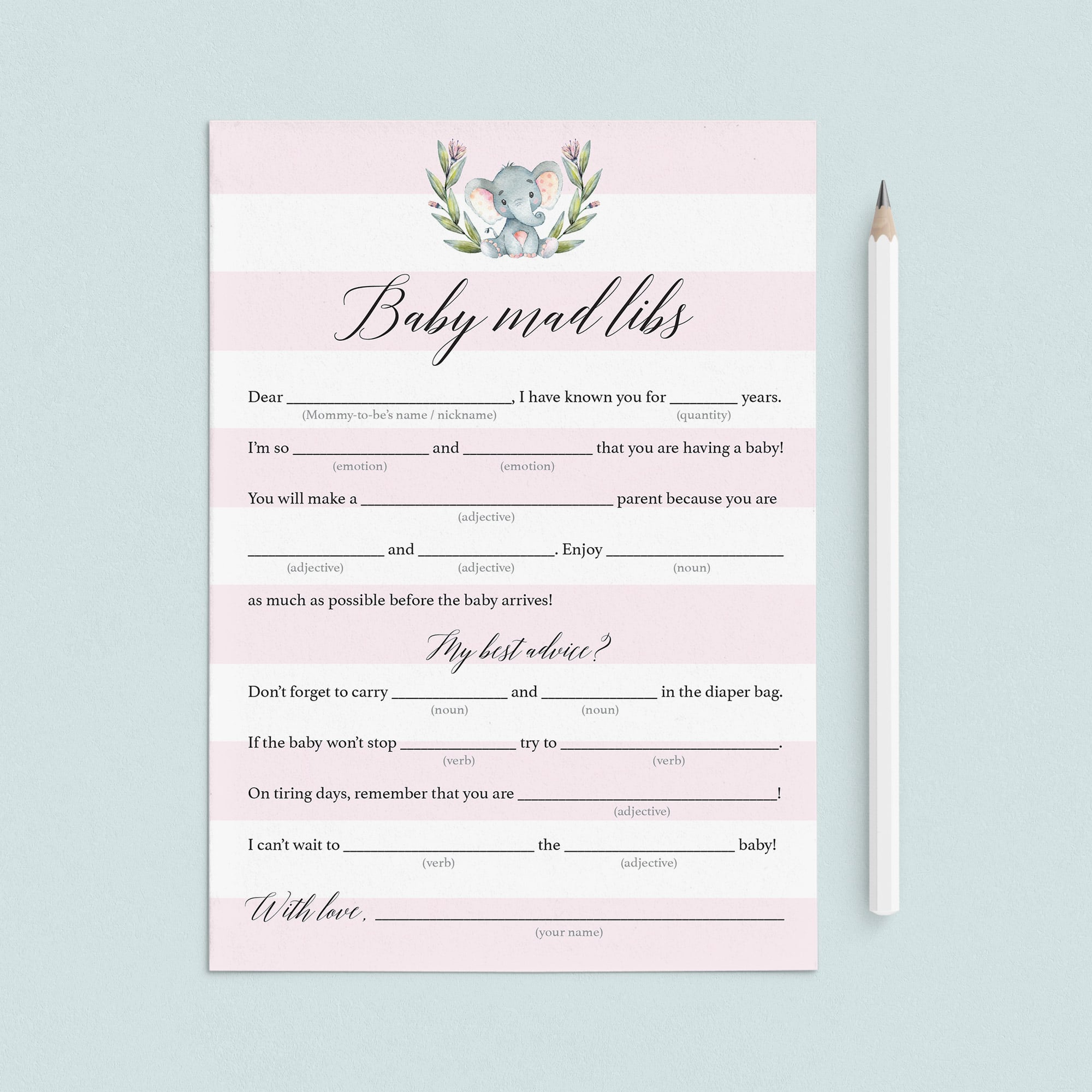 Baby mad libs game for elephant theme baby shower by LittleSizzle