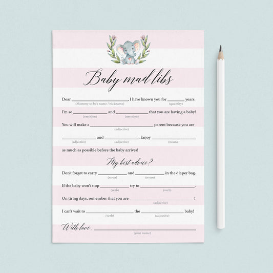 Baby mad libs game for elephant theme baby shower by LittleSizzle
