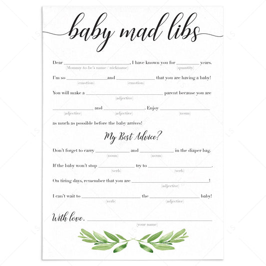 Greenery baby shower mad libs advice card printable by LittleSizzle